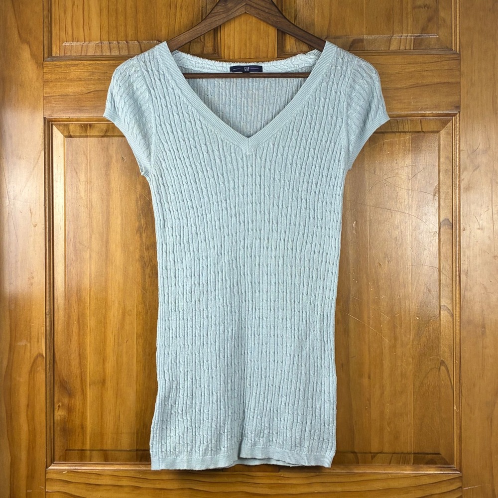 Gap Vintage Y2K Light Blue Gray Cable Knit Short Sleeve V-Neck Cotton Top Size M